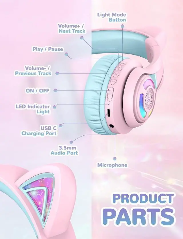 Alt view image 5 of 7 - iClever Cat Ear Kids Bluetooth Headphones, LED Lights Up, 74/85/94dB Volume Limited, 50H Playtime,Bluetooth 5.2, USB C, Kids Headphones Wireless for Travel iPad Tablet, Meow Macaron (Pink)
