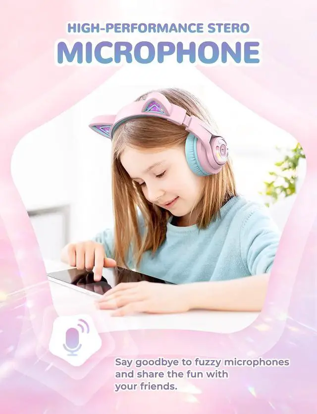Alt view image 7 of 7 - iClever Cat Ear Kids Bluetooth Headphones, LED Lights Up, 74/85/94dB Volume Limited, 50H Playtime,Bluetooth 5.2, USB C, Kids Headphones Wireless for Travel iPad Tablet, Meow Macaron (Pink)
