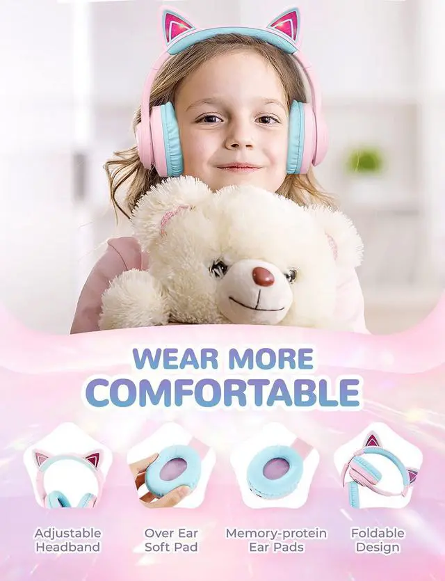 Alt view image 6 of 7 - iClever Cat Ear Kids Bluetooth Headphones, LED Lights Up, 74/85/94dB Volume Limited, 50H Playtime,Bluetooth 5.2, USB C, Kids Headphones Wireless for Travel iPad Tablet, Meow Macaron (Pink)