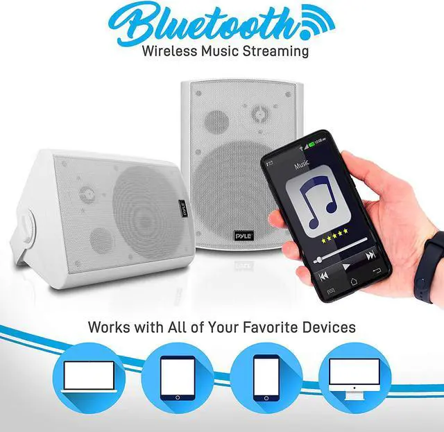 Alt view image 3 of 7 - Outdoor Wall-Mount Patio Stereo Speaker - Waterproof Bluetooth Wireless & No Amplifier Needed - Portable Electric Theater Sound Surround System for Home Party Cabinet Enclosure- Pyle PDWR61BTWT White