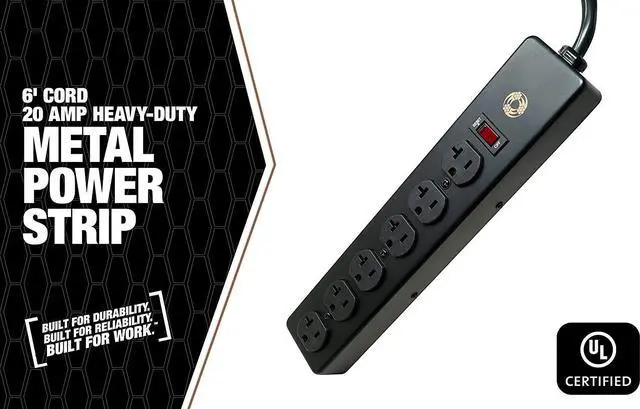 Alt view image 3 of 7 - Southwire 5120 20 Amp Rated, 6 Outlet all Metal Power Strip with NEMA 5-20 P&R, 6 Foot 12/3 Cord