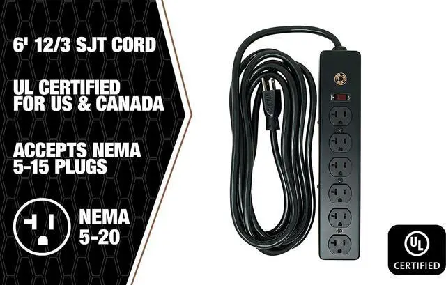 Alt view image 5 of 7 - Southwire 5120 20 Amp Rated, 6 Outlet all Metal Power Strip with NEMA 5-20 P&R, 6 Foot 12/3 Cord