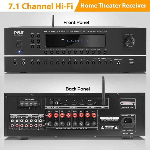 Alt view image 2 of 7 - Pyle 7.1-Channel Hi-Fi Bluetooth Stereo Amplifier - 2000 Watt AV Home Theater Speaker Subwoofer Surround Sound Receiver w/ Radio, USB, RCA, HDMI, MIC IN, Supports 4K UHD TV, 3D, Blu-Ray - PT796BT