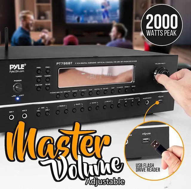 Alt view image 6 of 7 - Pyle 7.1-Channel Hi-Fi Bluetooth Stereo Amplifier - 2000 Watt AV Home Theater Speaker Subwoofer Surround Sound Receiver w/ Radio, USB, RCA, HDMI, MIC IN, Supports 4K UHD TV, 3D, Blu-Ray - PT796BT