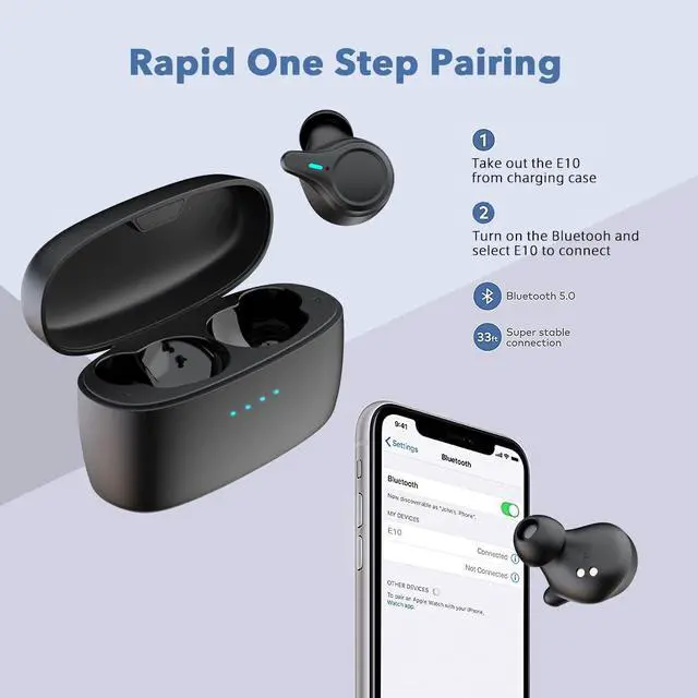 Alt view image 3 of 7 - KOSETON E10 True Wireless Bluetooth Earbuds, Titanium Black  Wireless Earbuds for Running and Sport, Charging Case Included, Dual Microphones, 30 Hour Battery and Great Sound Quality