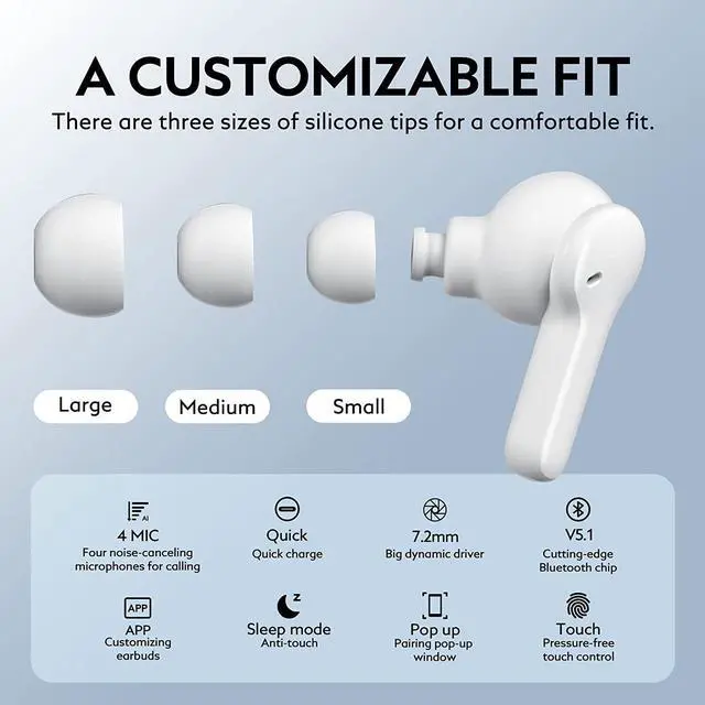 Alt view image 4 of 7 - QCY T13 True Wireless Earbuds Bluetooth 5.1 Headphones Touch Control with Wireless Charging Case Waterproof Stereo Earphones in-Ear Built-in Mic Headset 40H Playtime (White)