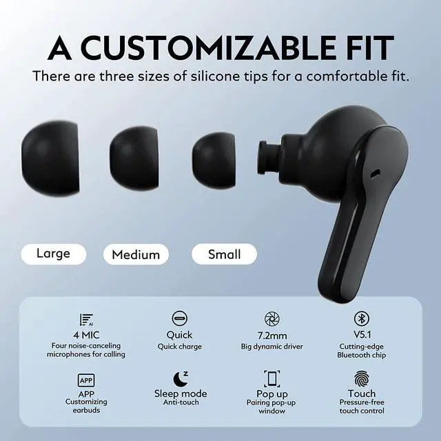Alt view image 4 of 7 - QCY T13 True Wireless Earbuds Bluetooth 5.1 Headphones Touch Control with Wireless Charging Case Waterproof Stereo Earphones in-Ear Built-in Mic Headset 40H Playtime (Black)