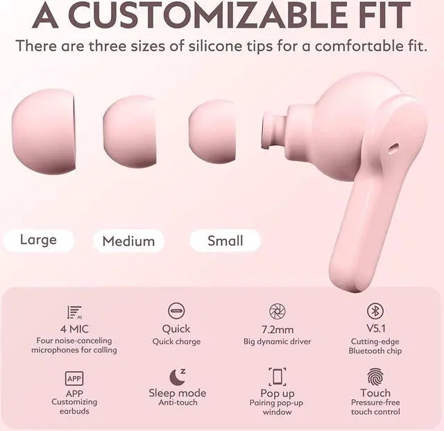 Alt view image 4 of 7 - QCY T13 True Wireless Earbuds Bluetooth 5.1 Headphones Touch Control with Wireless Charging Case Waterproof Stereo Earphones in-Ear Built-in Mic Headset 40H Playtime (Pink)