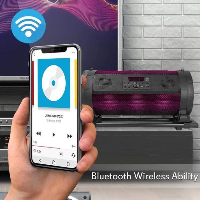 Alt view image 5 of 7 - Pyle Portable Bluetooth Boombox Stereo System - 600 W Digital Outdoor Wireless Loud Speaker w/LED Lights, FM Radio, MP3 Player, USB, Wheels, w/ Karaoke Microphone, Remote Control - PBMSPG198, Black