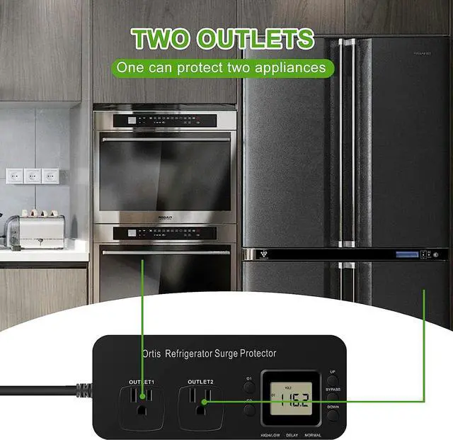 Alt view image 4 of 7 - Refrigerator Surge Protector, Ortis Double Outlet Electronic Surge Protector for Home Appliances with Time Delay & Real-Time Electricity Usage Monitor, Protects All Voltage Abnormalities