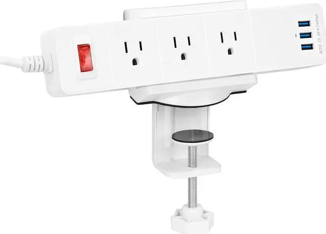 Main image of Mount-It! Power Strip Holder Clamp Desk Mount with Included Surge Protector | White Desktop Power Outlet with 3 USB Ports and 3 AC Power Outlets | Adjustable Power Strip Clamp Mount