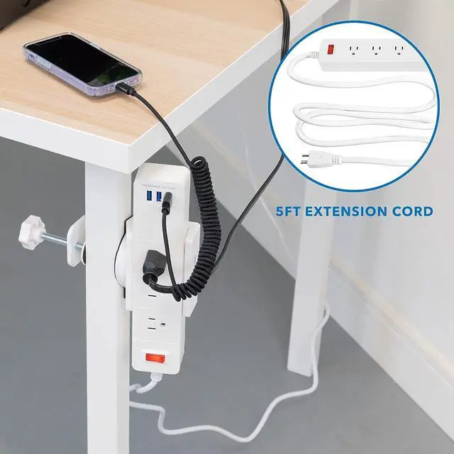 Alt view image 5 of 7 - Mount-It! Power Strip Holder Clamp Desk Mount with Included Surge Protector | White Desktop Power Outlet with 3 USB Ports and 3 AC Power Outlets | Adjustable Power Strip Clamp Mount