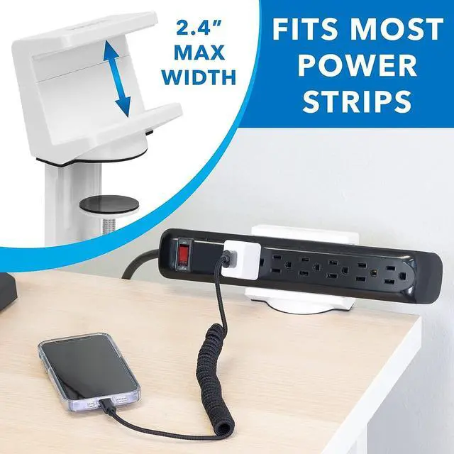 Alt view image 6 of 7 - Mount-It! Power Strip Holder Clamp Desk Mount with Included Surge Protector | White Desktop Power Outlet with 3 USB Ports and 3 AC Power Outlets | Adjustable Power Strip Clamp Mount