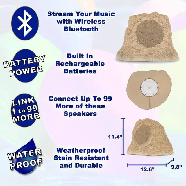 Alt view image 2 of 7 - Theater Solutions by Goldwood B62S Wireless Rechargeable Bluetooth Outdoor 6.5 Inch Rock Speaker System  Sandstone, Set of 2, 200 Watts