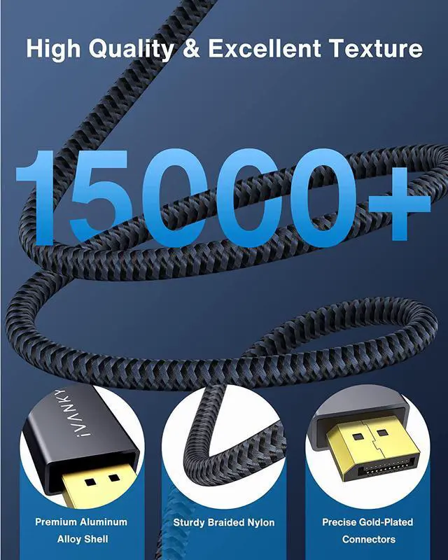 Alt view image 4 of 7 - IVANKY DisplayPort 1.2 Cable [6.6ft, 2-Pack], 4K DisplayPort to DisplayPort Cable Nylon Braided, High Speed DP Cable, Supports 2K@165Hz and 4K@60Hz, Compatible with PC, Laptop, TV - Grey