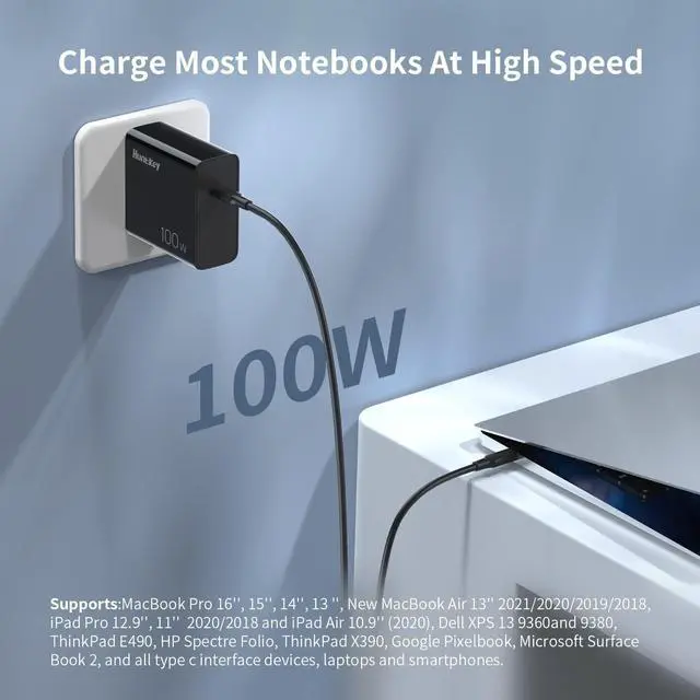 Alt view image 5 of 7 - 100W USB C Charger, Huntkey GaN Type C Fast Wall Charger for MacBook Pro/Air, Google Pixelbook, ThinkPad, Dell XPS, iPad Pro, Galaxy S22/S20, iPhone 14/Pro/Max, 20V 5A, 6.6ft USB C to C Cable Included