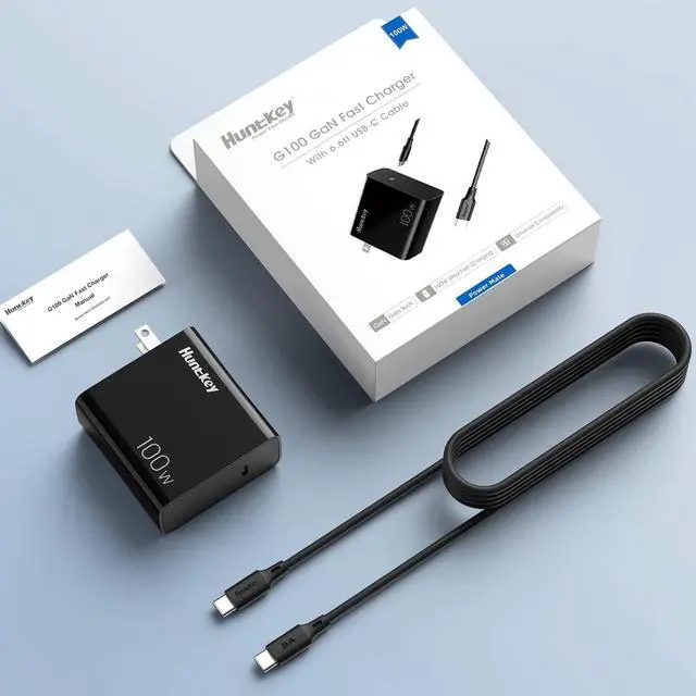 Alt view image 6 of 7 - 100W USB C Charger, Huntkey GaN Type C Fast Wall Charger for MacBook Pro/Air, Google Pixelbook, ThinkPad, Dell XPS, iPad Pro, Galaxy S22/S20, iPhone 14/Pro/Max, 20V 5A, 6.6ft USB C to C Cable Included