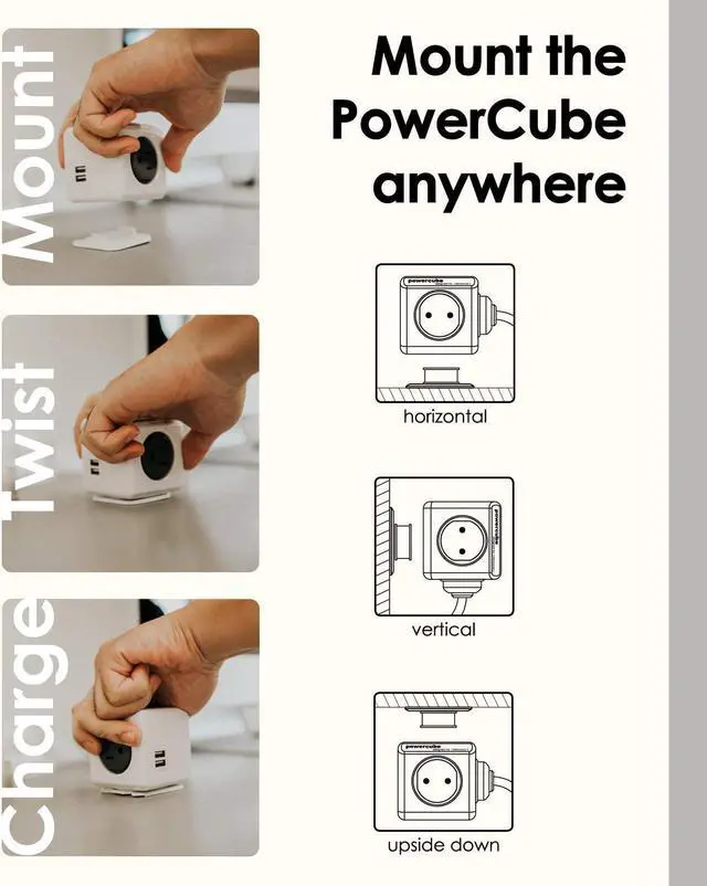 Alt view image 3 of 7 - Allocacoc, PowerCube |ExtendedUSB|, 4 outlets, 2 USB Ports, 5 feet cable, Mounting dock, Surge Protection, Childproof Sockets, ETL Certified (Green)