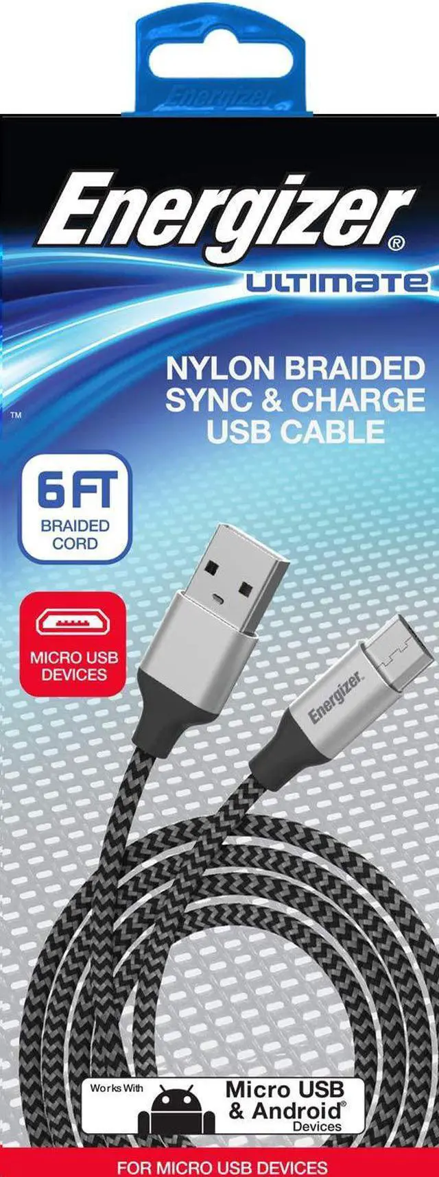 Alt view image 2 of 3 - Energizer Ultimate Android Charger Micro USB Cable 6ft Fast Charging USB Syncing Cord Metal Tip Nylon Braided, Black 6 Feet
