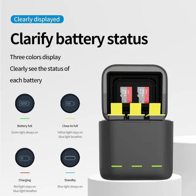 Alt view image 3 of 7 - 3-Pack Battery Charger Kit for GoPro Hero 12 Hero 11 Hero 10 Hero 9 Black, Triple Charge Case w Type-C Charging Cord Fully Compatible with Original Go Pro 12 11 10 9 Camera Accessories