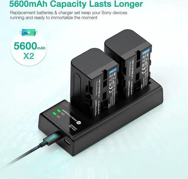 Alt view image 3 of 7 - FirstPower NP-F750 Battery (2-Pack/5600mAh) and Dual USB Charger for Sony NP-F550 F570 F750 F770 F960 F970 Battery Sony CCD-TRV215 CCD-TR917 CCD-TR315 HDR-FX1000 HDR-FX7 HVR-V1U HVR-Z7U HVR-Z5U