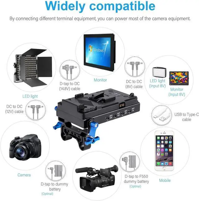 Alt view image 4 of 7 - V-Mount V-Lock Quick Release Battery Plate Power Adapter with 15mm Rod Clamp Built-in Type-C Fast Charging Input