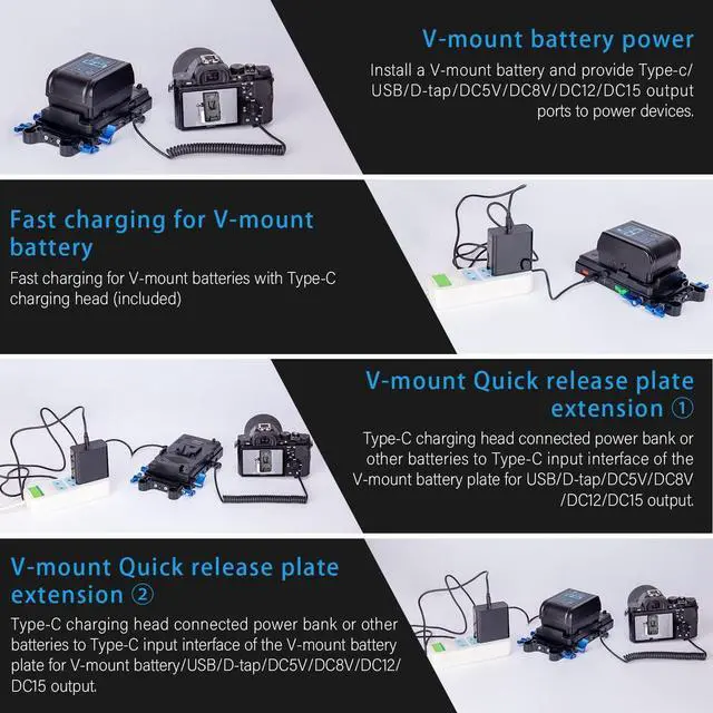 Alt view image 5 of 7 - V-Mount V-Lock Quick Release Battery Plate Power Adapter with 15mm Rod Clamp Built-in Type-C Fast Charging Input