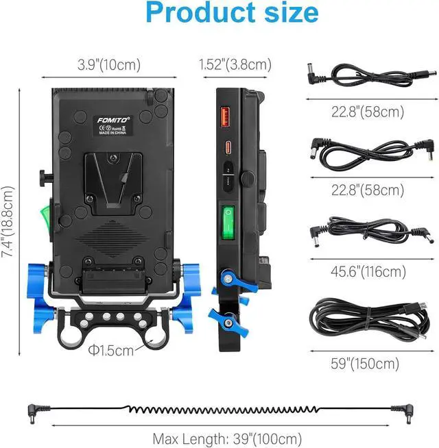 Alt view image 7 of 7 - V-Mount V-Lock Quick Release Battery Plate Power Adapter with 15mm Rod Clamp Built-in Type-C Fast Charging Input