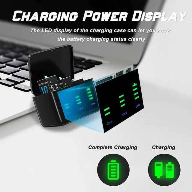 Alt view image 3 of 7 - Bonadget 2000mAh 3-Pack Battery and 3-Channel Storage Charger for Gopro Hero 10/9 with USB & Type-C Charging Port Compatible with Gopro Hero 10 Black Battery and Charger Bundle with LED Display Screen