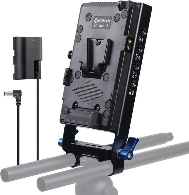 Main image of V-Mount Battery Plate, Power Supply Splitter with 15mmRod Clamp for BMPCC 4K/6K DSLR Cameras Camcorders Canon 5D2/5D3/5D4/6D/6D2/7D/7D2/70D/80D/5DSR, LP-E6 Dummy Battery DC Cables Included