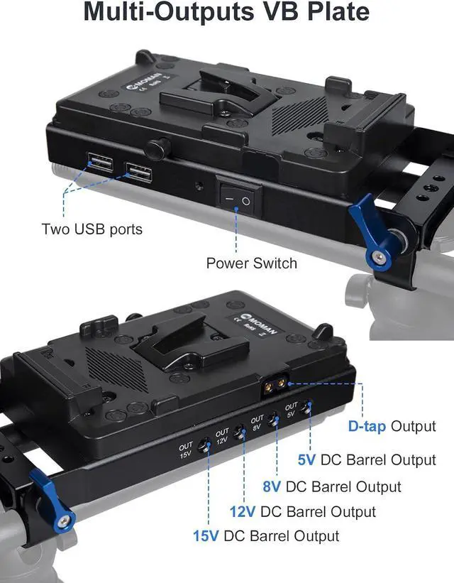 Alt view image 2 of 7 - V-Mount Battery Plate, Power Supply Splitter with 15mmRod Clamp for BMPCC 4K/6K DSLR Cameras Camcorders Canon 5D2/5D3/5D4/6D/6D2/7D/7D2/70D/80D/5DSR, LP-E6 Dummy Battery DC Cables Included