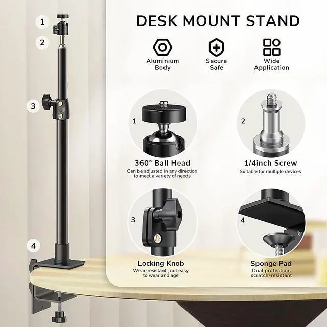 Alt view image 2 of 7 - DSLR Camera Desk Mount Stand,  Camera Desk Mount Light Stand with Ball Head, Adjustable 12.9-22 Inches Aluminum Alloy Desk Clamp for Video Light, Ring Light, Panel Light, Web