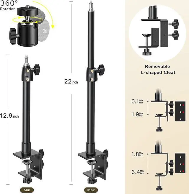 Alt view image 4 of 7 - DSLR Camera Desk Mount Stand,  Camera Desk Mount Light Stand with Ball Head, Adjustable 12.9-22 Inches Aluminum Alloy Desk Clamp for Video Light, Ring Light, Panel Light, Web