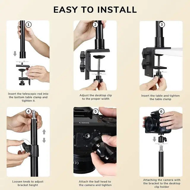 Alt view image 7 of 7 - DSLR Camera Desk Mount Stand,  Camera Desk Mount Light Stand with Ball Head, Adjustable 12.9-22 Inches Aluminum Alloy Desk Clamp for Video Light, Ring Light, Panel Light, Web