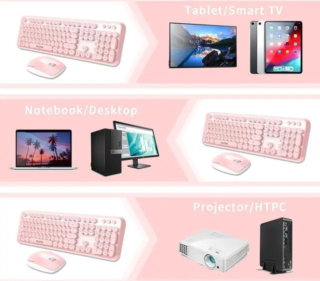 Alt view image 3 of 7 - Pink Wireless Keyboard Mouse Combo, 2.4GHz Retro Typewriter, Letton Full Size Office Computer Keyboard and Cute Mouse with 3 DPI for Mac PC Desktop Laptop