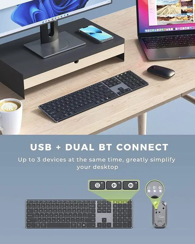 Alt view image 2 of 7 - Wireless Bluetooth Keyboard and Mouse for Win & Mac, Multi-Device Rechargeable Slim Keyboard and Mouse Combo, Compatible with Win 7/8/10, MacBook Pro/Air, iPad, Tablet - Black Gray