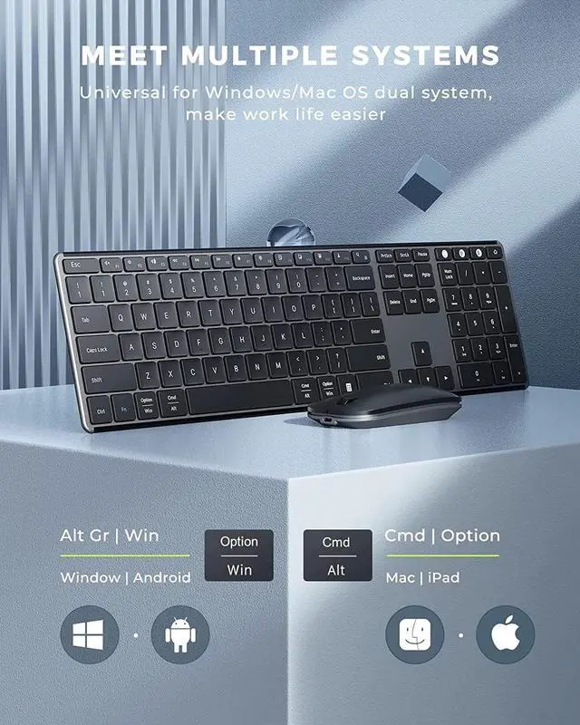 Alt view image 6 of 7 - Wireless Bluetooth Keyboard and Mouse for Win & Mac, Multi-Device Rechargeable Slim Keyboard and Mouse Combo, Compatible with Win 7/8/10, MacBook Pro/Air, iPad, Tablet - Black Gray