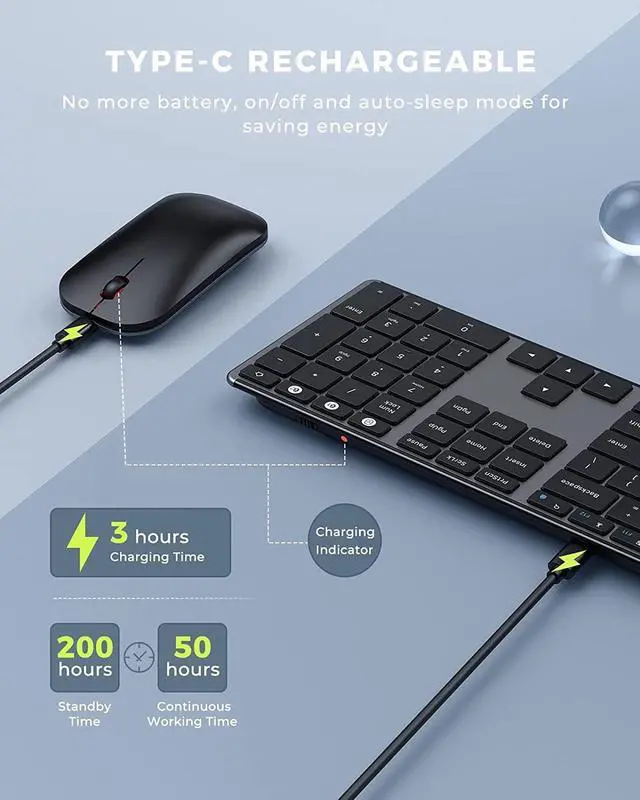 Alt view image 3 of 7 - Wireless Bluetooth Keyboard and Mouse for Win & Mac, Multi-Device Rechargeable Slim Keyboard and Mouse Combo, Compatible with Win 7/8/10, MacBook Pro/Air, iPad, Tablet - Black Gray