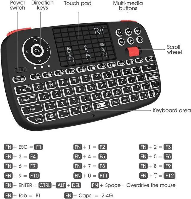 Alt view image 4 of 7 - Rii (Upgrade) i4 Mini Bluetooth Keyboard with Touchpad, Blacklit Portable Wireless Keyboard with 2.4G USB Dongle for Smartphones, PC, Tablet, Laptop TV Box iOS Android Windows Mac.Black