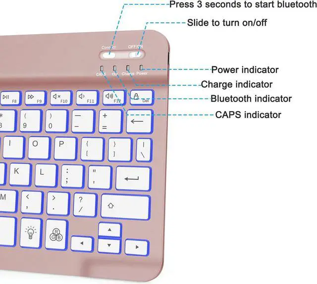 Alt view image 4 of 7 - OMOTON Bluetooth Keyboard, Wireless Rechargeable Keyboard for iPad, iPad Pro, iPad Mini, iPad Air with Illuminated LED (Rose Gold)