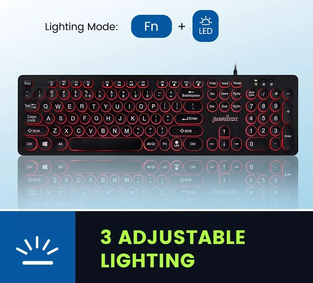 Alt view image 5 of 7 - Perixx PERIBOARD-317R Wired Backlit USB Keyboard - Big Print Letter - Tri-Color Illuminated LED - Stylish Round Keycaps - US English