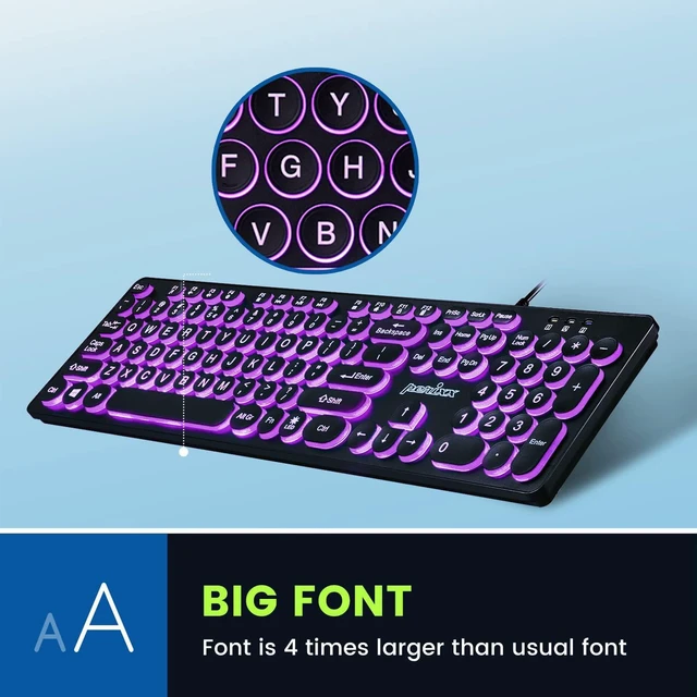 Alt view image 7 of 7 - Perixx PERIBOARD-317R Wired Backlit USB Keyboard - Big Print Letter - Tri-Color Illuminated LED - Stylish Round Keycaps - US English