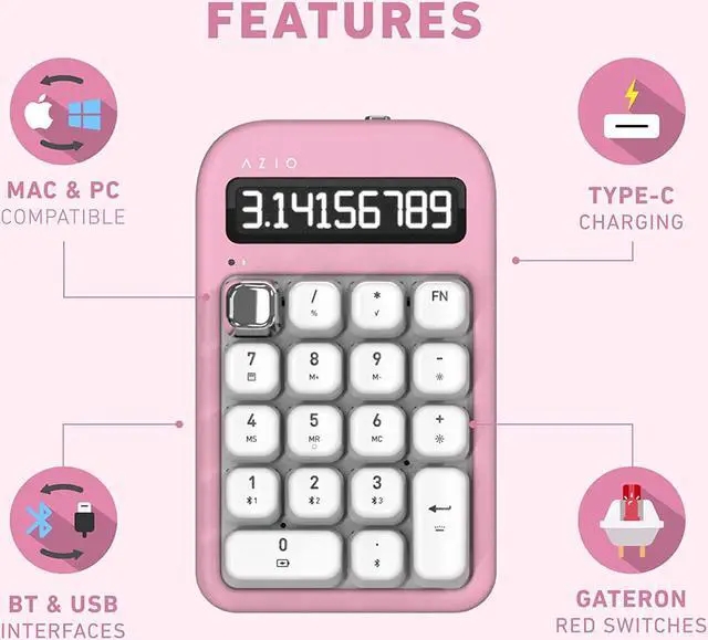 Alt view image 11 of 13 - AZIO IN408 IZO Number Pad Red Switches in Pink Blossom