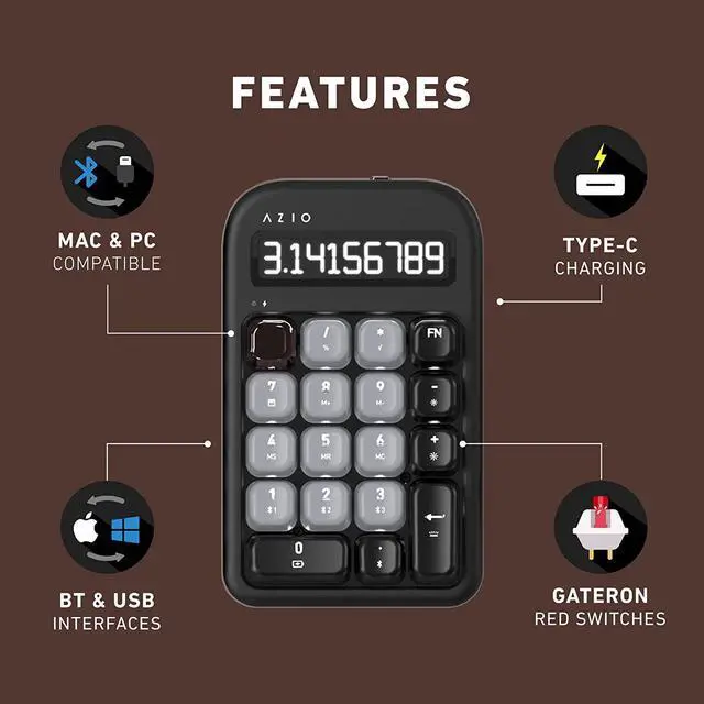 Alt view image 11 of 13 - AZIO IN404 IZO Number Pad Red Switches in Black Willow