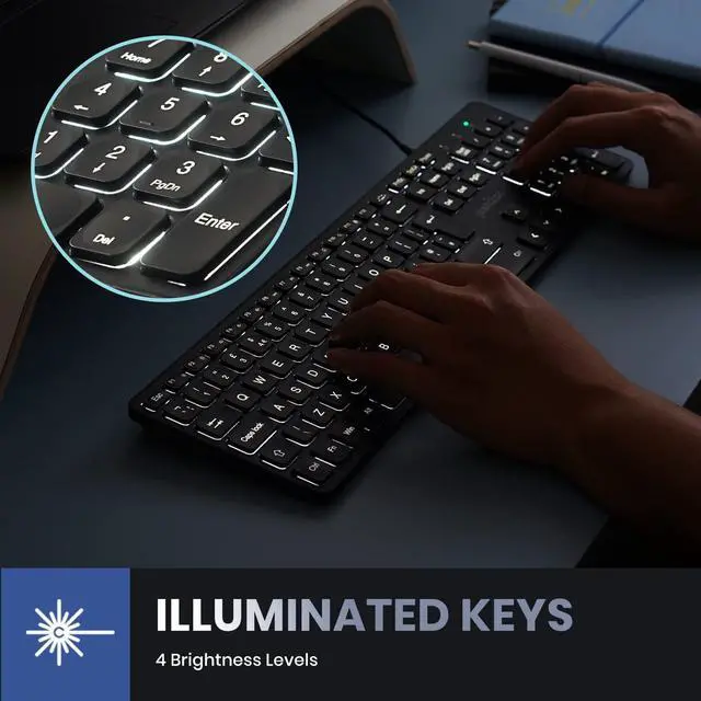 Alt view image 3 of 7 - Perixx PERIBOARD-331 Wired Backlit USB Keyboard, Slim Design with Big Font Keys, White Illuminated LED, US English Layout