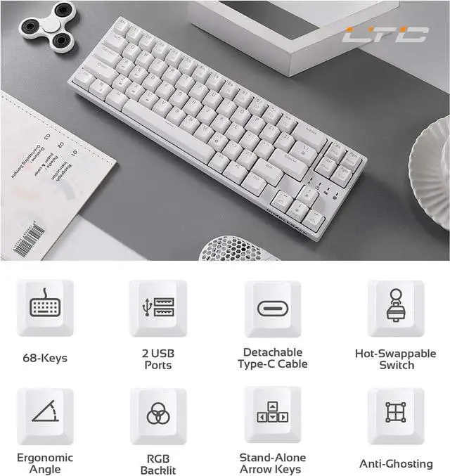 Alt view image 7 of 7 - LTC NB681 Nimbleback Wired 65% Mechanical Keyboard, RGB Backlit Ultra-Compact 68 Keys Gaming Keyboard with Hot-Swappable Switch and Stand-Alone Arrow/Control Keys (Brown Switch, White)
