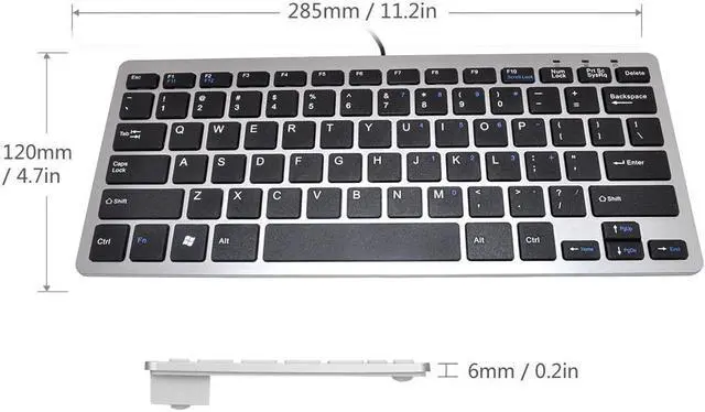Alt view image 4 of 7 - iKKEGOL Mini USB Slim Wired 78-Key Small Compact Keyboard for Desktop Laptop PC Win 7 - Silver/Black