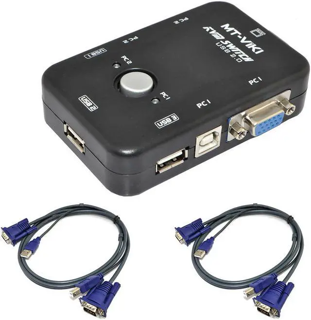 Main image of iKKEGOL USB 2.0 2 Port Monitor VGA SVGA KVM Switch Box + 2 KVM Cables for PC Keyboard Mouse Color Black