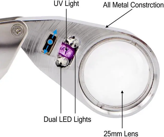 Alt view image 7 of 7 - iKKEGOL 40X 25mm All Metal Magnifier Jeweler LED UV Lens Jewelery Loupe Magnifier (LED Currency Detecting/Jewelry Identifying Type)