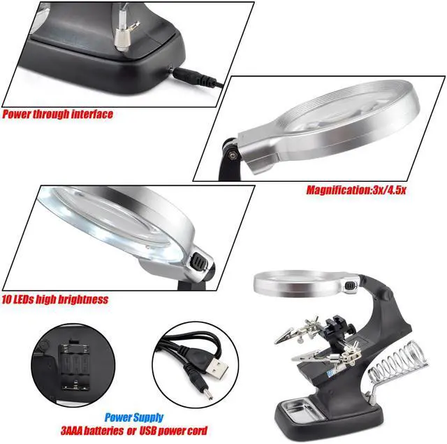 Alt view image 6 of 7 - iKKEGOL 10 LED Lighting 3X Main Lens 4.5X Accessorial Lens Auxiliary Alligator Clip Magnifier Third Hand Soldering Solder Iron Stand(Black)